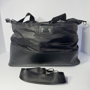 Steve Madden Women's Black Embossed Logo Nylon Faux Leather Weekender Duffle Bag